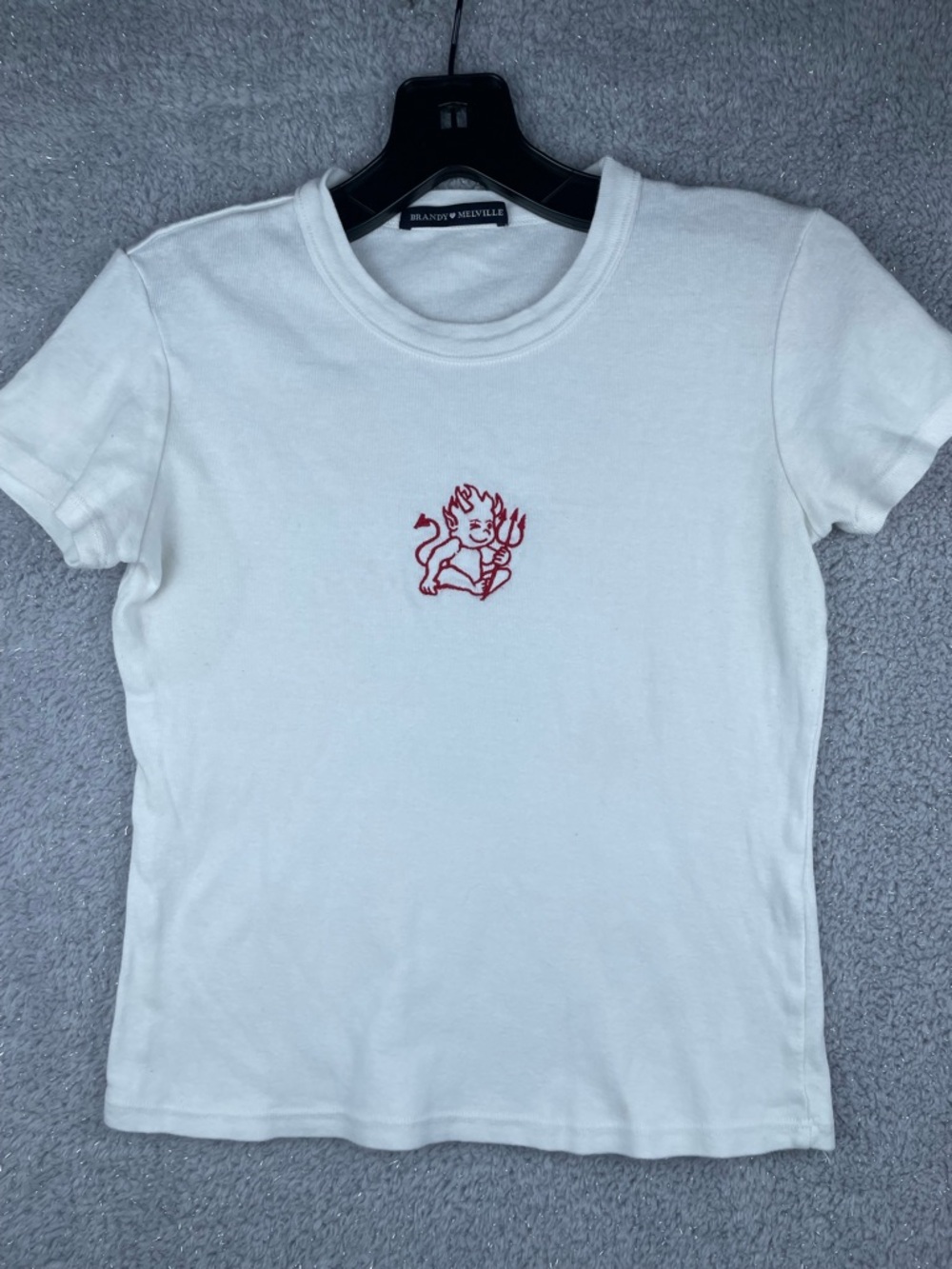 Brandy Melville White Tee with Navy Tag and cute devil